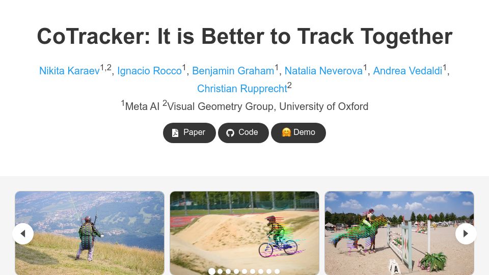 Screenshot of co-tracker.github.io: Meta AI releases CoTracker, a model for tracking any points (pixels) on a video
