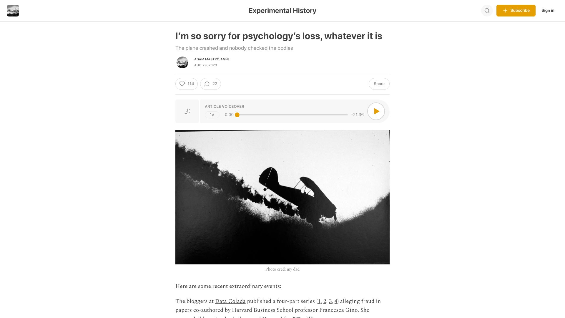 Screenshot of experimental-history.com: I’m so sorry for psychology’s loss, whatever it is