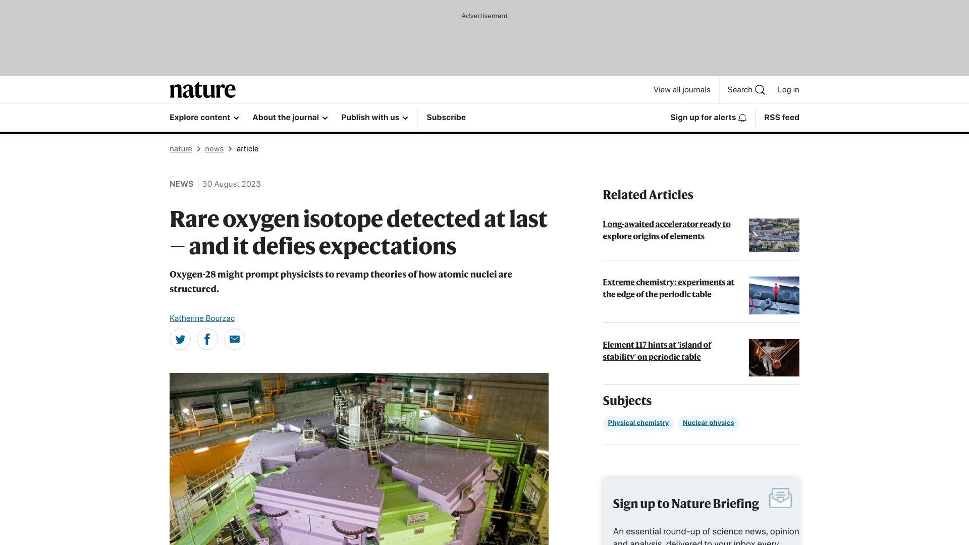 Screenshot of nature.com: Rare oxygen isotope detected