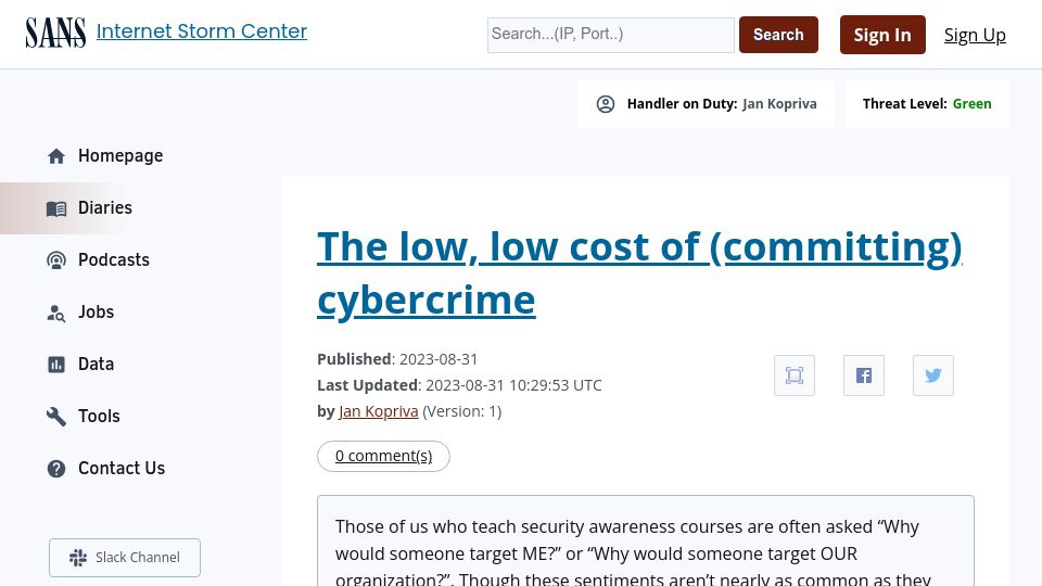 Screenshot of isc.sans.edu: The low, low cost of committing cybercrime