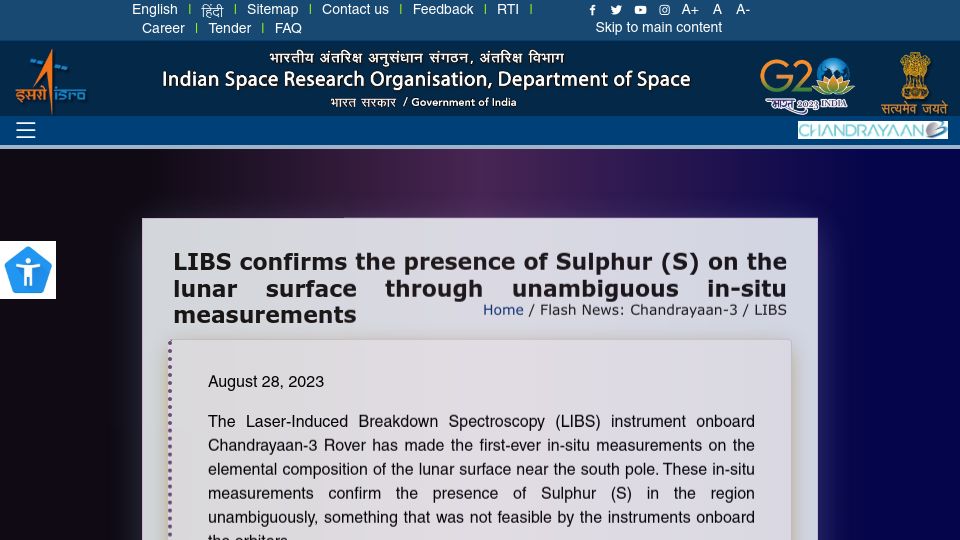 Screenshot of isro.gov.in: LIBS confirms the presence of sulphur on the lunar surface