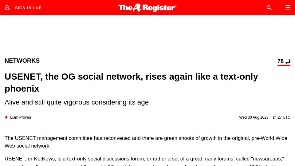 Screenshot of theregister.com: USENET rises again?