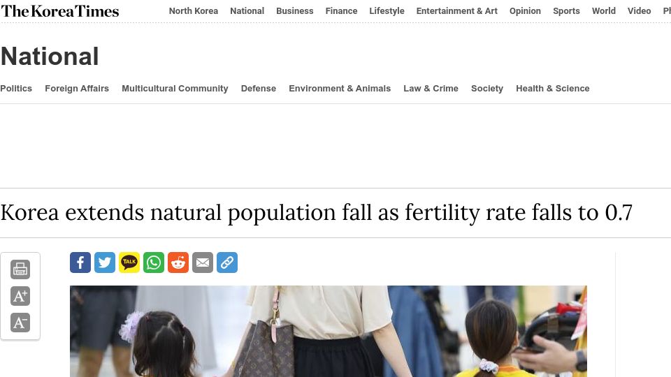 Screenshot of koreatimes.co.kr: South Korea extends natural population fall as fertility rate falls to 0.7