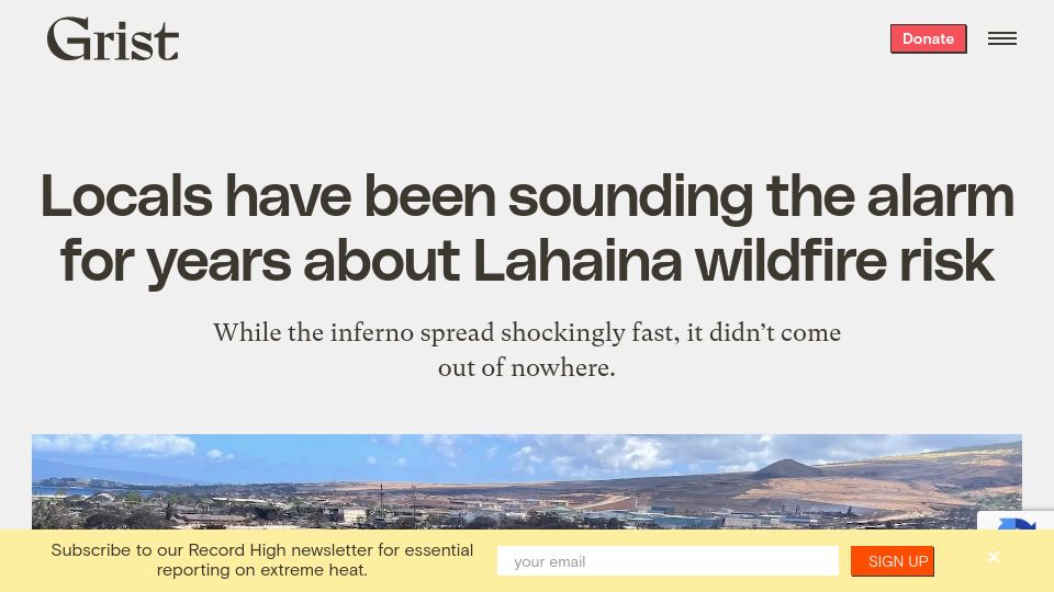 Screenshot of grist.org: Locals have been sounding the alarm for years about Lahaina wildfire risk