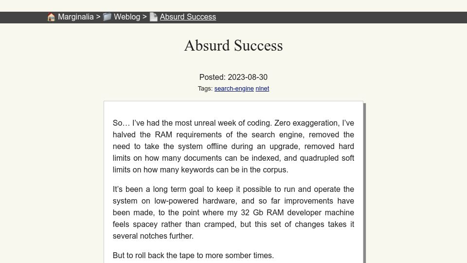 Screenshot of marginalia.nu: Absurd Success