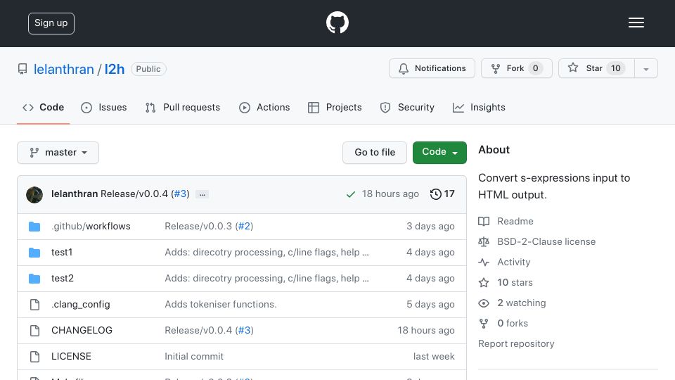Screenshot of github.com: Produce HTML from S-Expressions