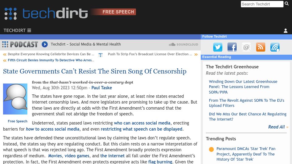 Screenshot of techdirt.com: State Governments Can’t Resist the Siren Song of Censorship