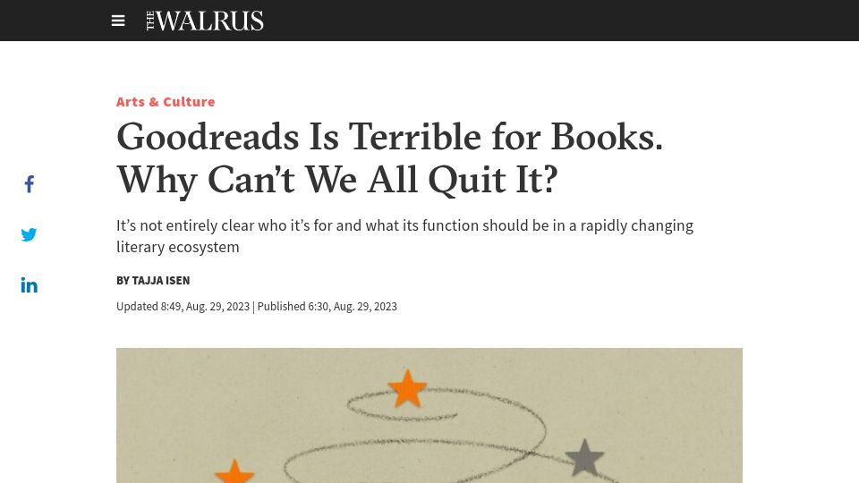Screenshot of thewalrus.ca: Goodreads Is Terrible for Books. Why Can’t We All Quit It?