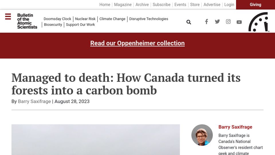 Screenshot of thebulletin.org: Managed to death: How Canada turned its forests into a carbon bomb