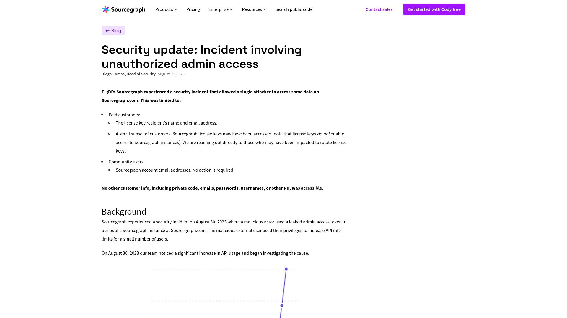 Screenshot of about.sourcegraph.com: Sourcegraph: Incident involving unauthorized admin access