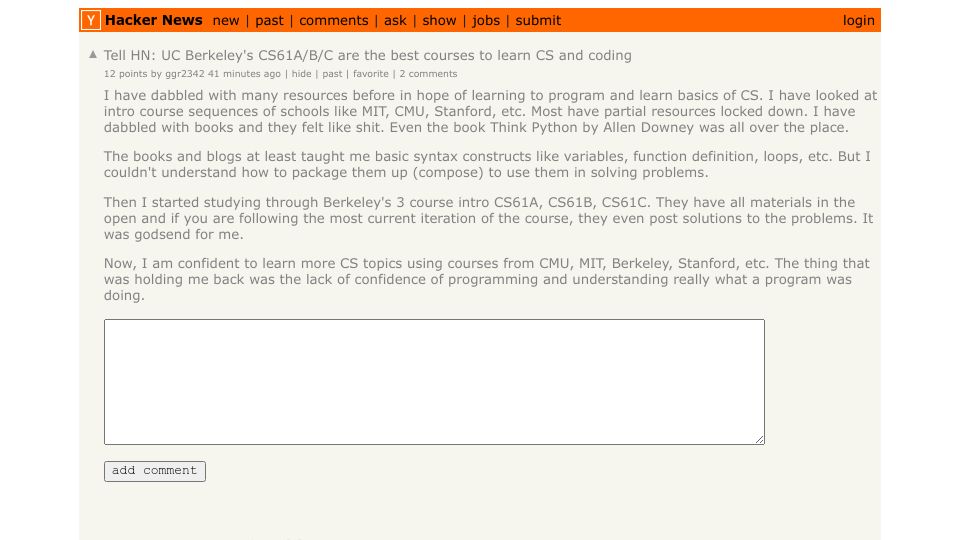 Screenshot of Hacker News post: Tell HN: UC Berkeley's CS61A/B/C are the best courses to learn CS and coding
