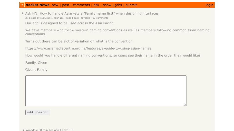 Screenshot of Hacker News post: Ask HN: How to handle Asian-style “Family name first” when designing interfaces?