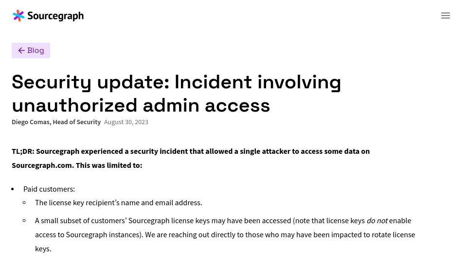 Screenshot of about.sourcegraph.com: Sourcegraph: Incident involving unauthorized admin access