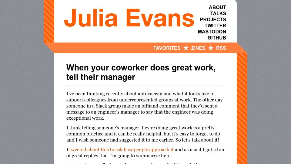 Screenshot of jvns.ca: When your coworker does great work, tell their manager (2020)