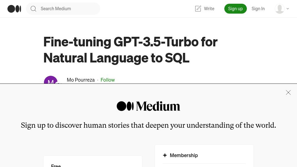 Screenshot of medium.com: Fine-tuning GPT-3.5-turbo for natural language to SQL