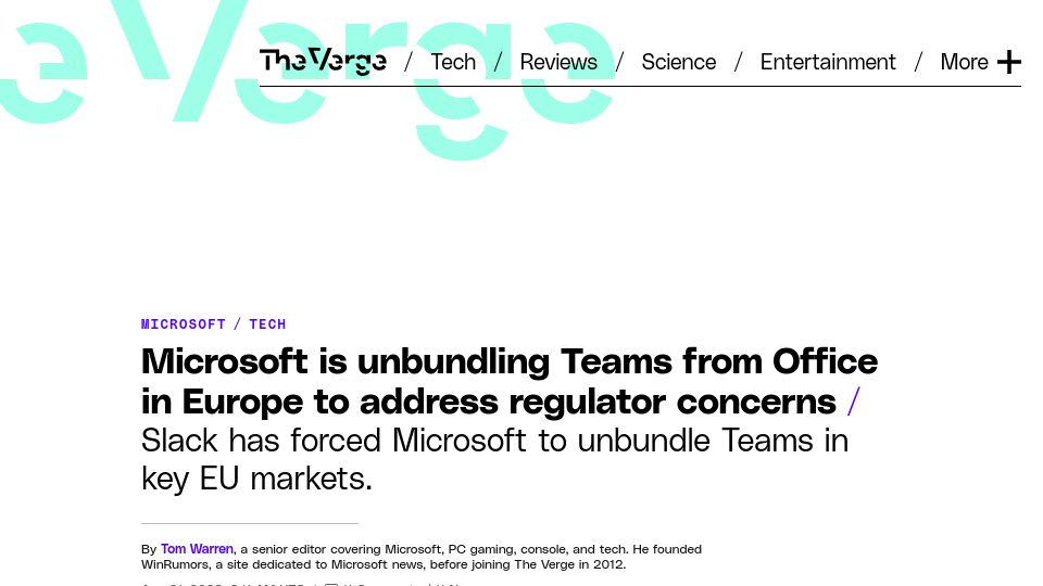 Screenshot of theverge.com: Microsoft is unbundling Teams from Office in Europe to address regulator concern