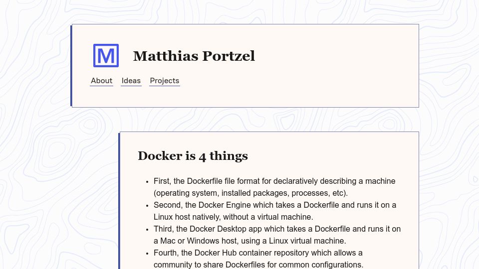 Screenshot of matthiasportzel.com: Docker Is Four Things