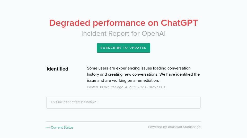 Screenshot of status.openai.com: ChatGPT Is Down Again