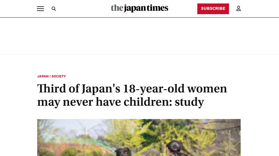 Screenshot of japantimes.co.jp: Third of Japan's 18-year-olds women may never have children: study