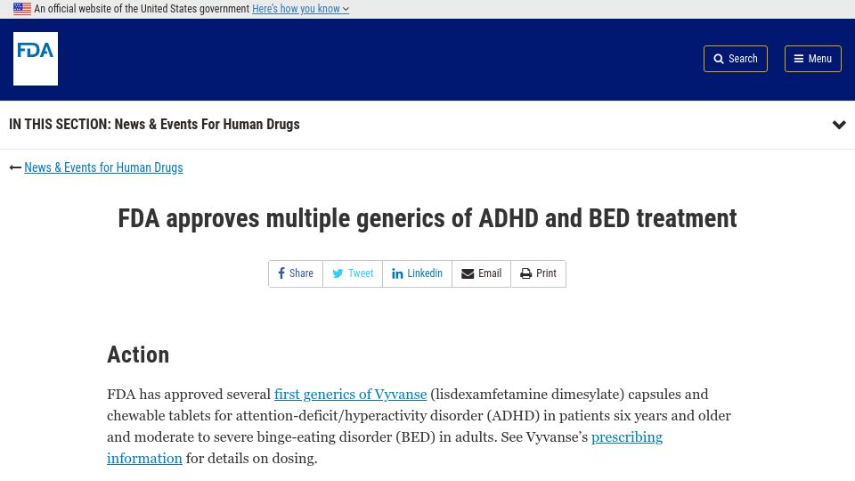 Screenshot of fda.gov: FDA approves multiple generics of ADHD and BED treatment Vyvanse