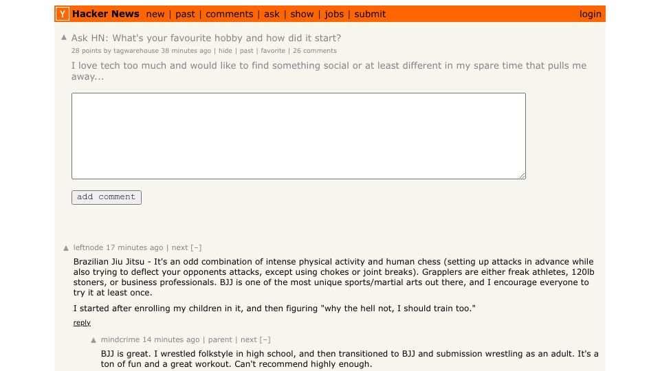 Screenshot of Hacker News post: Ask HN: What's your favourite hobby and how did it start?