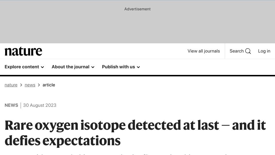 Screenshot of nature.com: Rare oxygen isotope detected