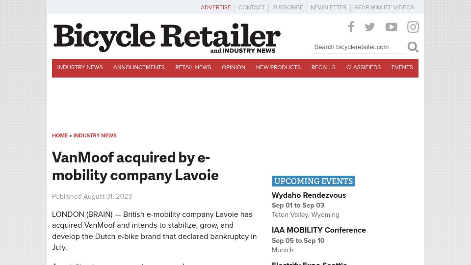 Screenshot of bicycleretailer.com: VanMoof acquired by e-mobility company Lavoie