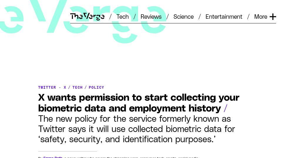 Screenshot of theverge.com: X wants permission to start collecting your bio data and employment history