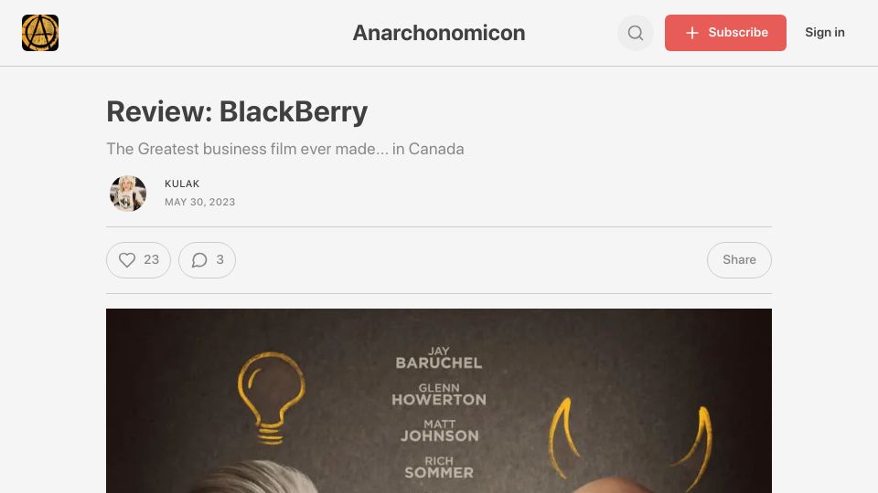 Screenshot of anarchonomicon.substack.com: Film Review: BlackBerry