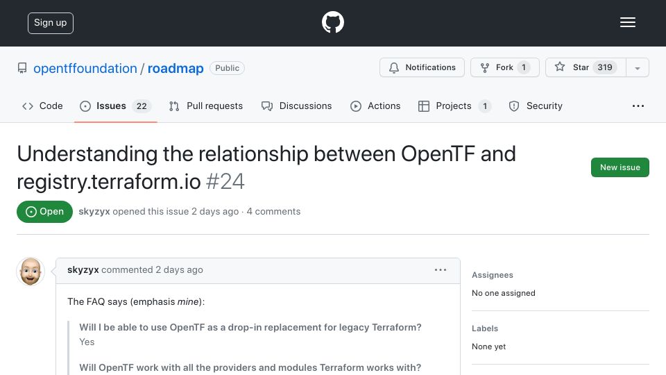 Screenshot of github.com: The Terraform Registry Terms of Service have been updated