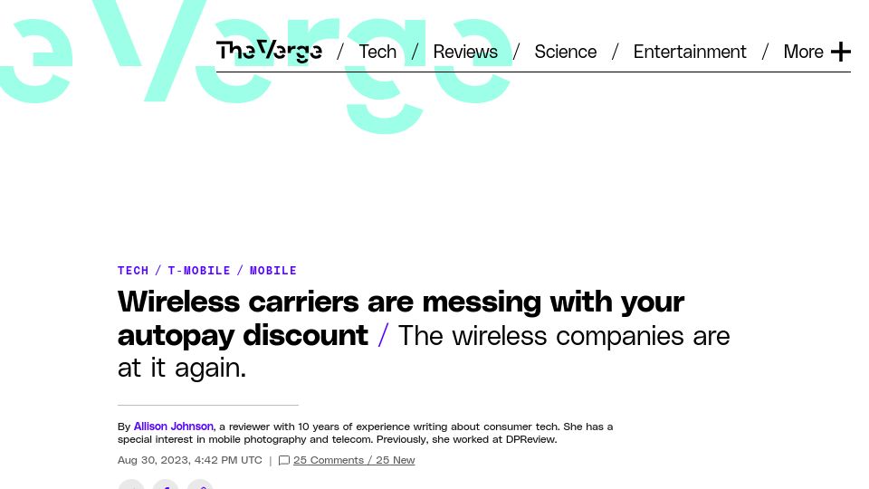 Screenshot of theverge.com: Wireless carriers are messing with your autopay discount