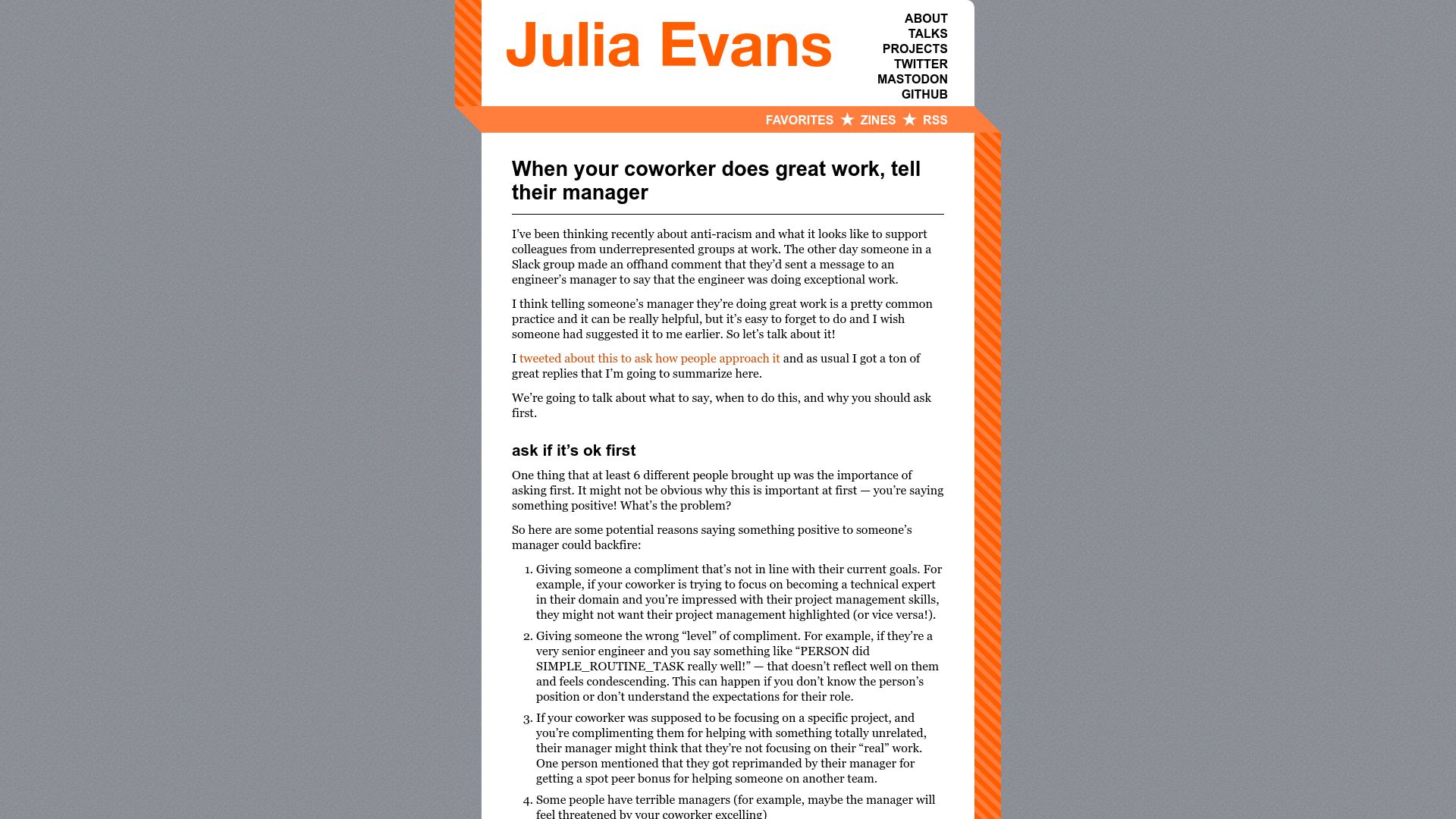 Screenshot of jvns.ca: When your coworker does great work, tell their manager (2020)