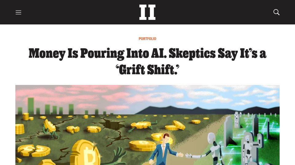 Screenshot of institutionalinvestor.com: Money is pouring into AI. Skeptics say it’s a ‘grift shift’