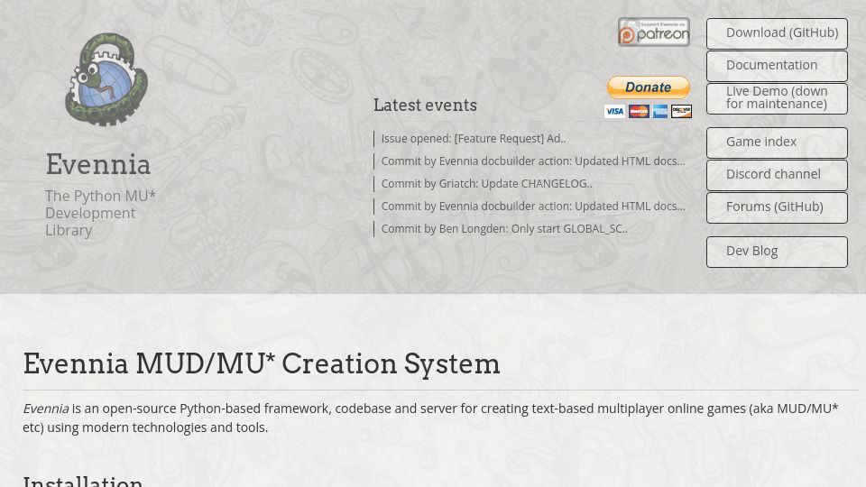 Screenshot of evennia.com: Evennia: MUD/MU* creation system