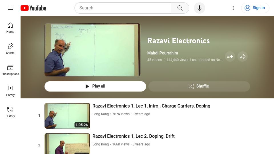 Screenshot of youtube.com: Electronics Course (45 episodes, YouTube)