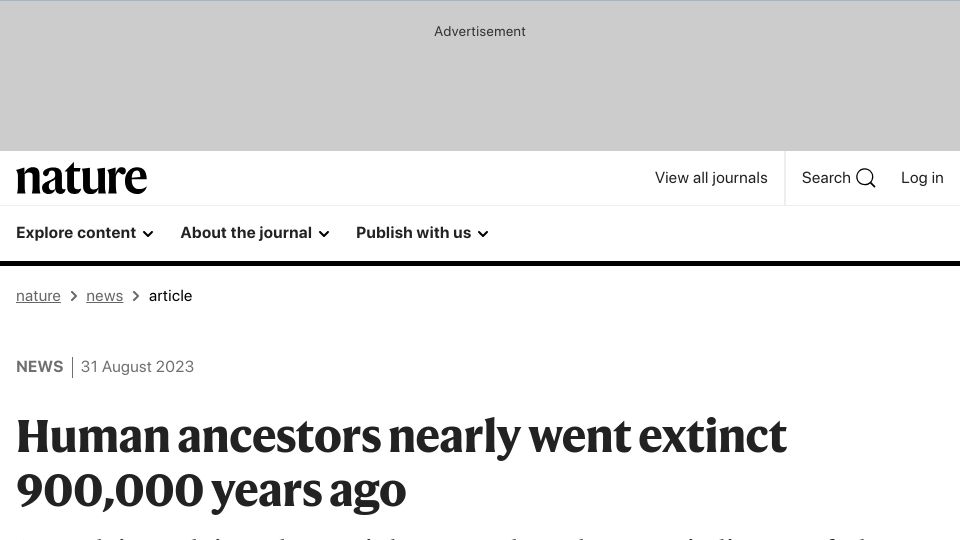 Screenshot of nature.com: Modern genetic data suggests pre-humans were a group of only 1,280 individuals