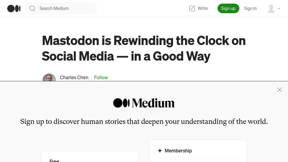 Screenshot of chrlschn.medium.com: Mastodon Is Rewinding the Clock on Social Media – In a Good Way