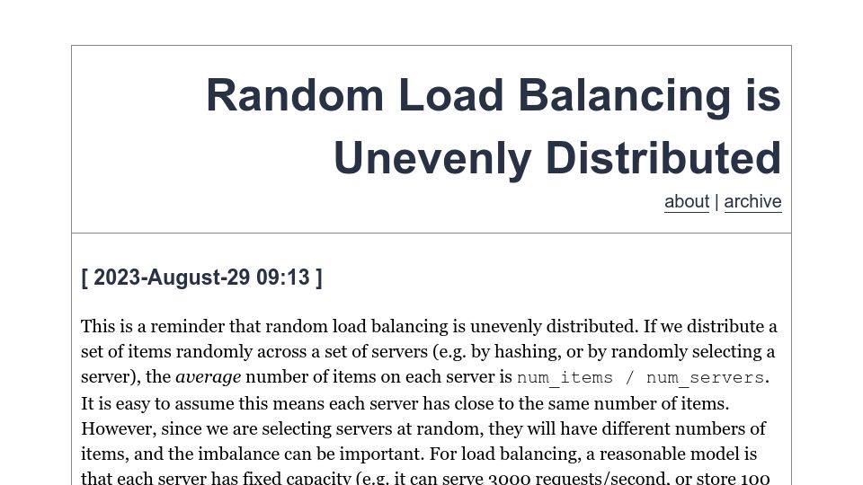 Screenshot of evanjones.ca: Random Load Balancing Is Unevenly Distributed
