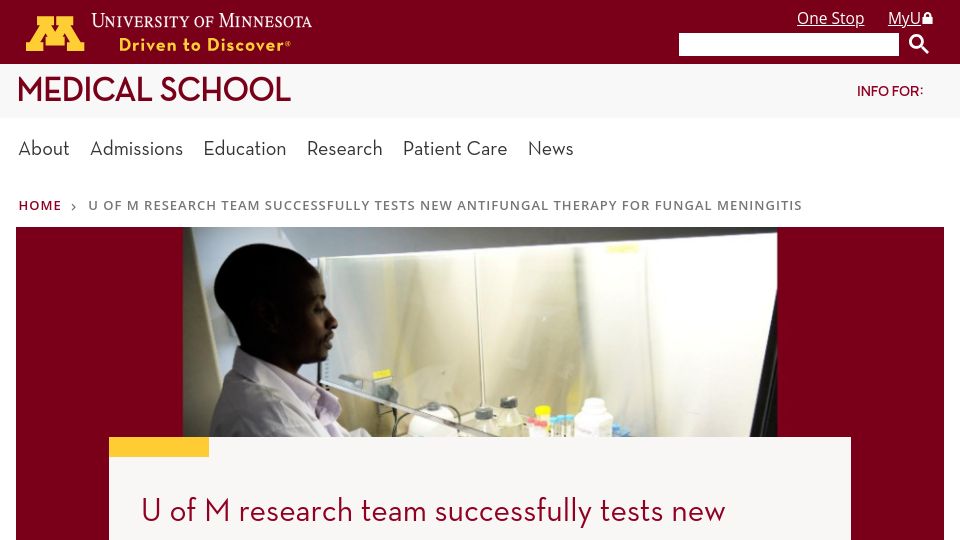 Screenshot of med.umn.edu: New antifungal therapy for fungal meningitis