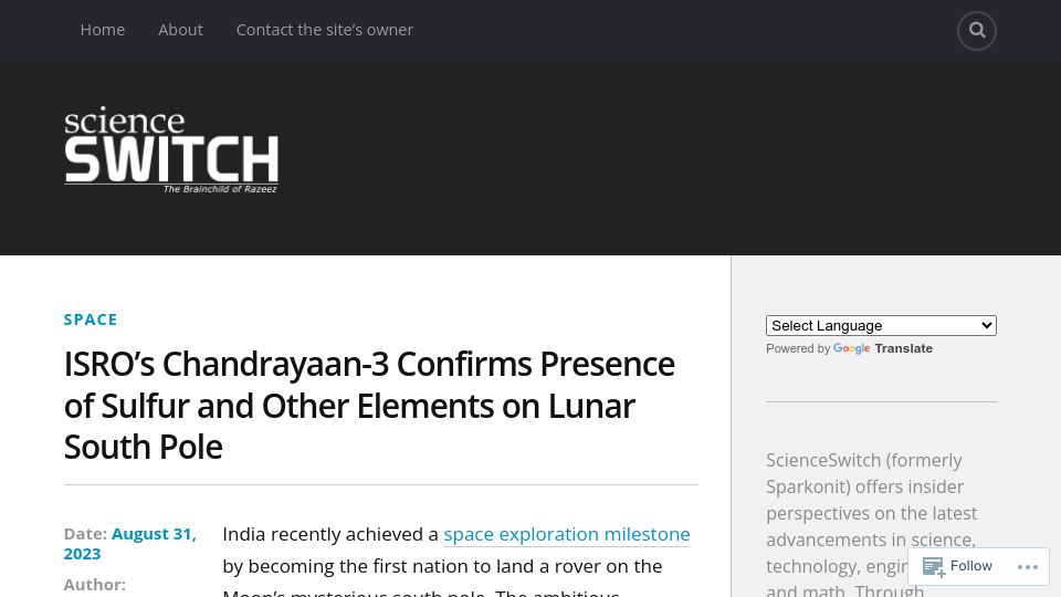 Screenshot of scienceswitch.com: Chandrayaan-3 confirms presence of sulfur and other elements on lunar South Pole