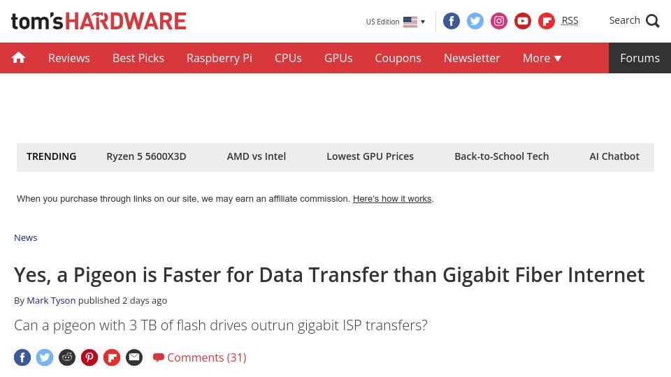 Screenshot of tomshardware.com: Yes, a Pigeon Is Faster for Data Transfer Than Gigabit Fiber Internet