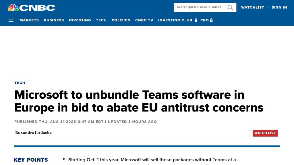 Screenshot of cnbc.com: Microsoft to unbundle Teams software in Europe to abate EU antitrust concerns