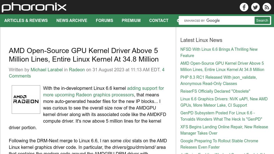 Screenshot of phoronix.com: AMD Open-Source GPU Kernel Driver Above 5M Lines, Entire Linux Kernel at 34.8M