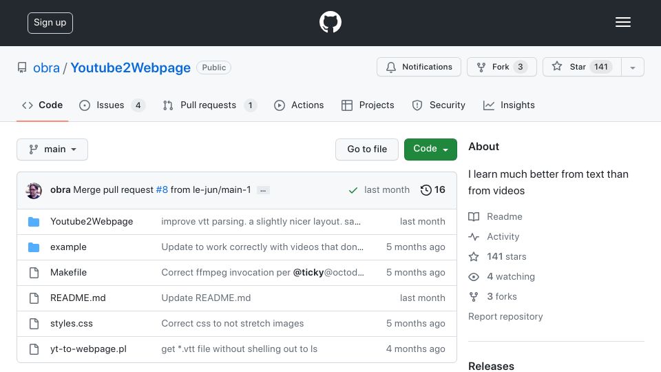 Screenshot of github.com: Youtube2Webpage: Create Websites with Text from Videos
