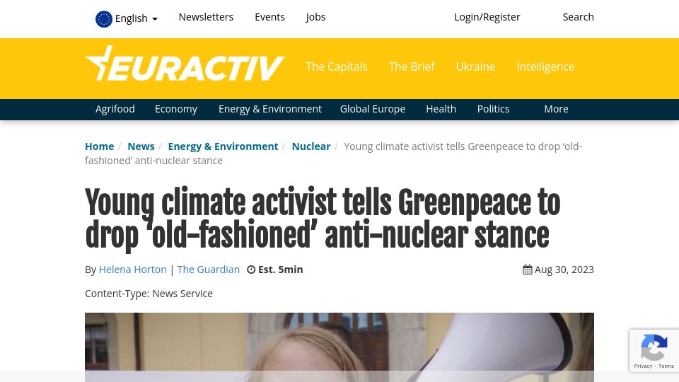 Screenshot of euractiv.com: Young climate activist tells Greenpeace to drop ‘old-fashioned’ anti-nuclear