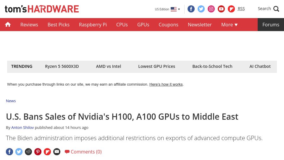 Screenshot of tomshardware.com: U.S. Bans Sales of Nvidia's H100, A100 GPUs to Middle East