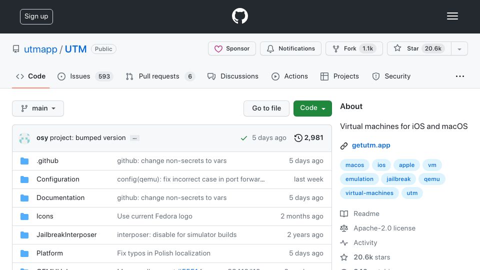 Screenshot of github.com: UTM – Virtual Machines for iOS and macOS