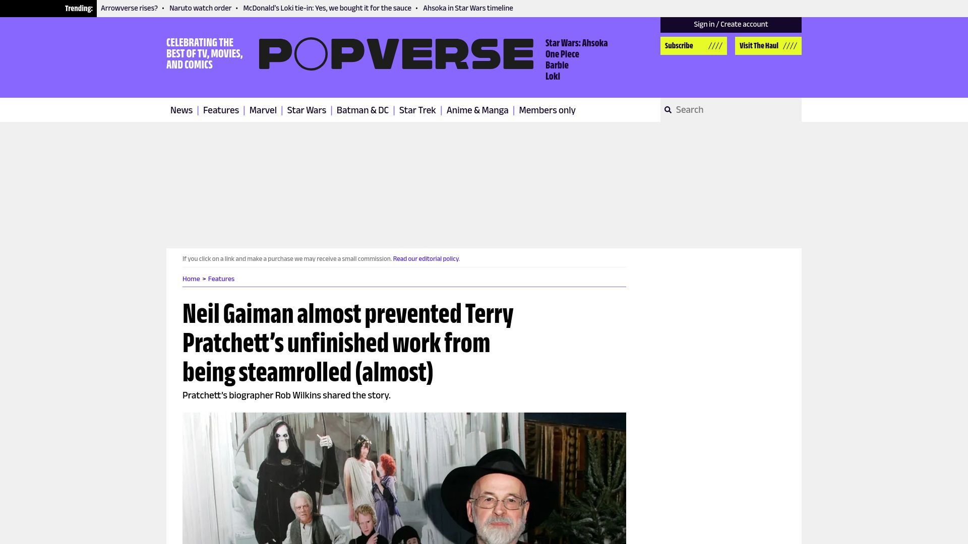 Screenshot of thepopverse.com: Terry Pratchett’s hard drive steamrolled in 2017 had '10 unfinished novels'