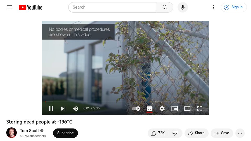 Screenshot of youtube.com: Storing dead people at -196°C [video]