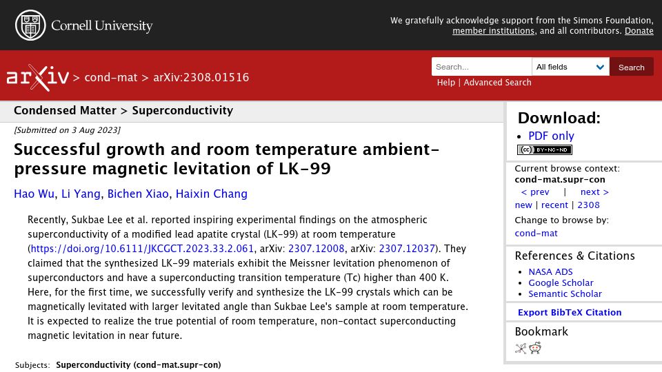 Screenshot of arxiv.org: Successful room temperature ambient-pressure magnetic levitation of LK-99